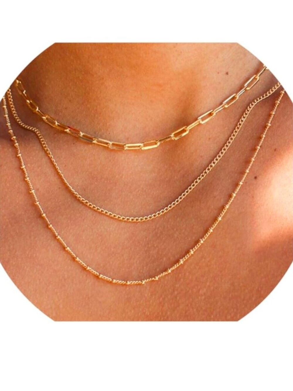 14k Gold / 304 No Tarnish 3 chain layered adjustable set - Picture 4 of 8